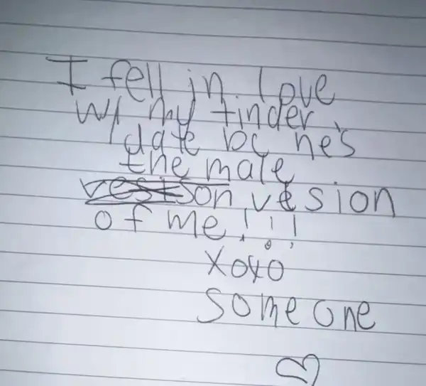 Privacy-screened original handwritten confession note: Male Version of Me
