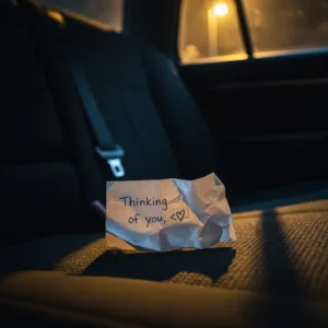 Passenger Confessions: A photo with no edits depicting a bent note with a heart and emoticon drawn on it on a black car seat, captured from above by a passenger's confession story.