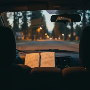 Photo capturing the backseat of the car with no edits. The night emphasizes the hidden weight and personal passengers ridesight story on passenger confession.