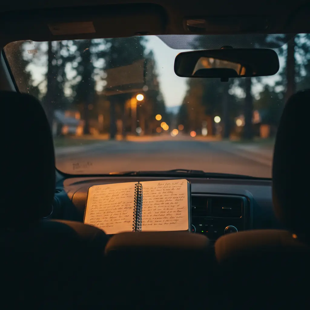 This is a very creative cinematic view from the back seat of a dark car showing a handwritten spiral notebook placed on the console which symbolizes the beginning of the Passenger Confessions rideshare stories thread in California.